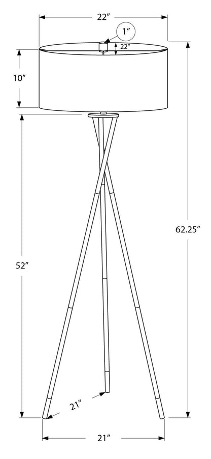 Lampadaire trépied en métal nickel 62|Lampe à pied de style trépied de 62 po en métal nickel