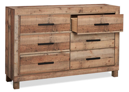 Commode à 6 tiroirs pour chambre à coucher Mojave, 57,4 L x 37,8 H, Rustique - Brun Naturel | Commode rustique Mojave de 57,4 po (L) x 37,8 po (H) à 6 tiroirs pour la chambre à coucher - brun naturel