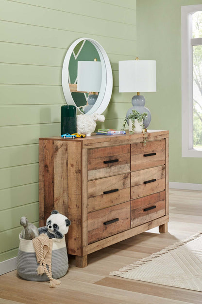 Commode à 6 tiroirs pour chambre à coucher Mojave, 57,4 L x 37,8 H, Rustique - Brun Naturel | Commode rustique Mojave de 57,4 po (L) x 37,8 po (H) à 6 tiroirs pour la chambre à coucher - brun naturel