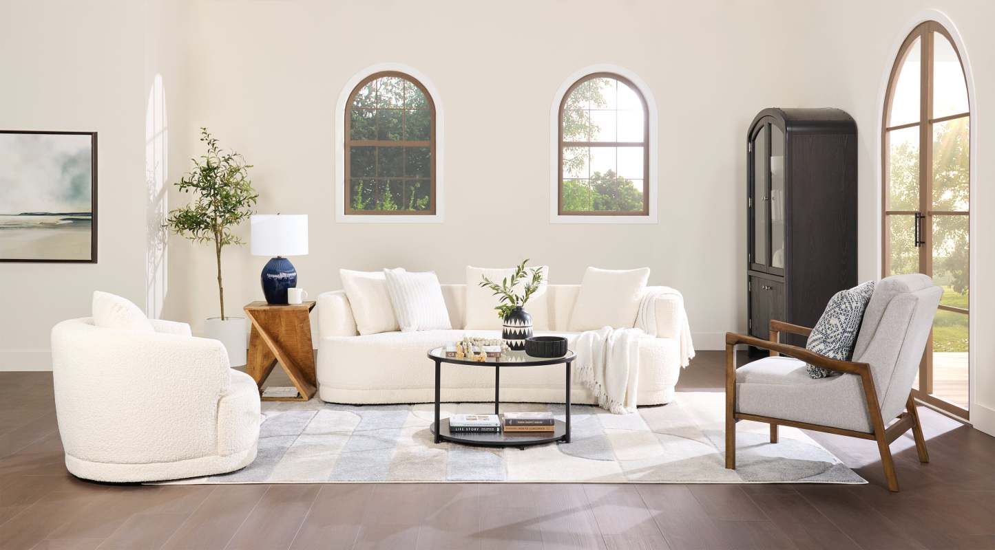 Canapé arrondi Moon de 91 po en tissu avec coussins décoratifs - blanc amande laineux