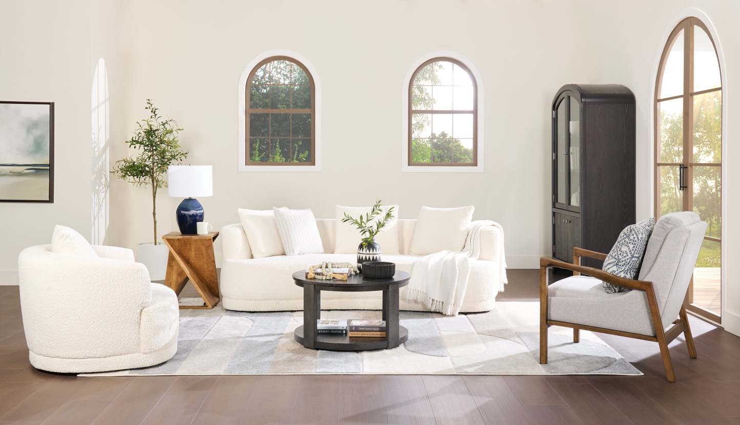 Canapé arrondi Moon de 91 po en tissu avec coussins décoratifs - blanc amande laineux