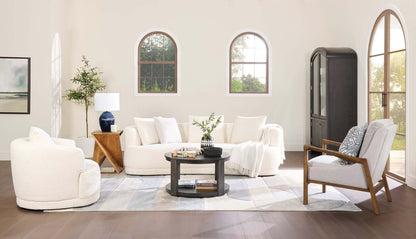 Canapé arrondi Moon de 91 po en tissu avec coussins décoratifs - blanc amande laineux