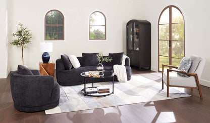 Canapé arrondi Moon de 91 po en tissu avec coussins décoratifs - noir corbeau laineux