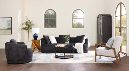 Canapé arrondi Moon de 91 po en tissu avec coussins décoratifs - noir corbeau laineux