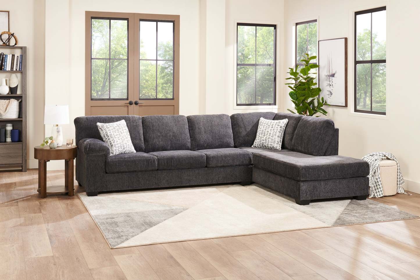 Canapé sectionnel de droite Morgan 2 pièces fabriqué au Canada en tissu de chenille avec canapé et coussins décoratifs - gris