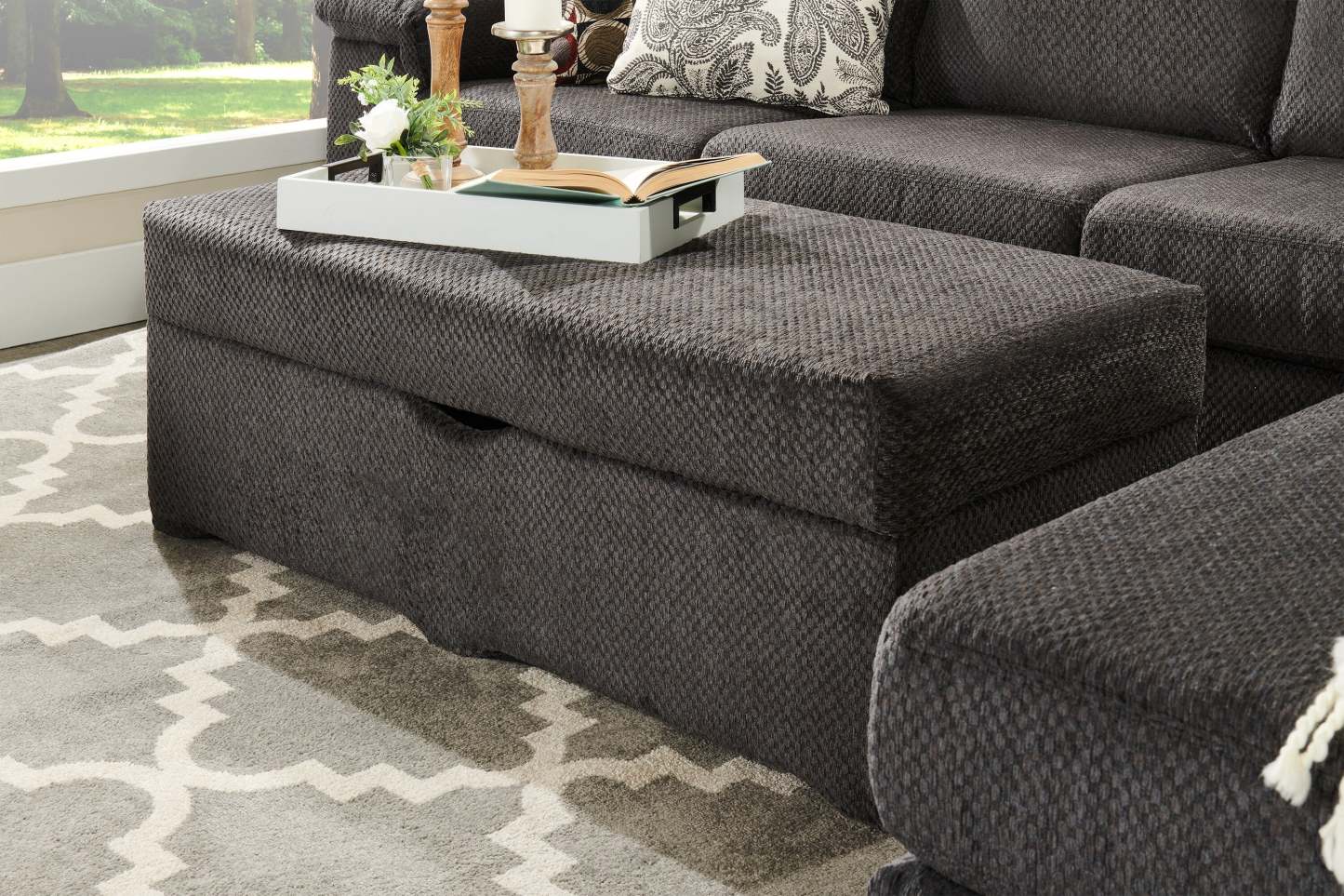 Made in Canada Morty 48 Chenille Fabric Storage Ottoman - Grey | Pouf de rangement Morty de 48 po fabriqué au Canada en tissu de chenille - gris