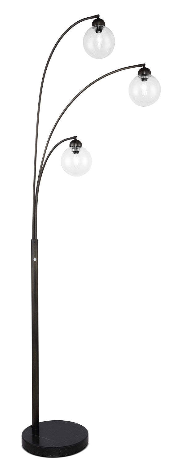 82 Mid-Century Black with Marble Base and 3-Light Glass Shade Arc Lampadaire|Lampe à pied arquée milieu du 20e siècle de 82 po noire à 3 ampoules avec base en marbre et abat-jour en verre