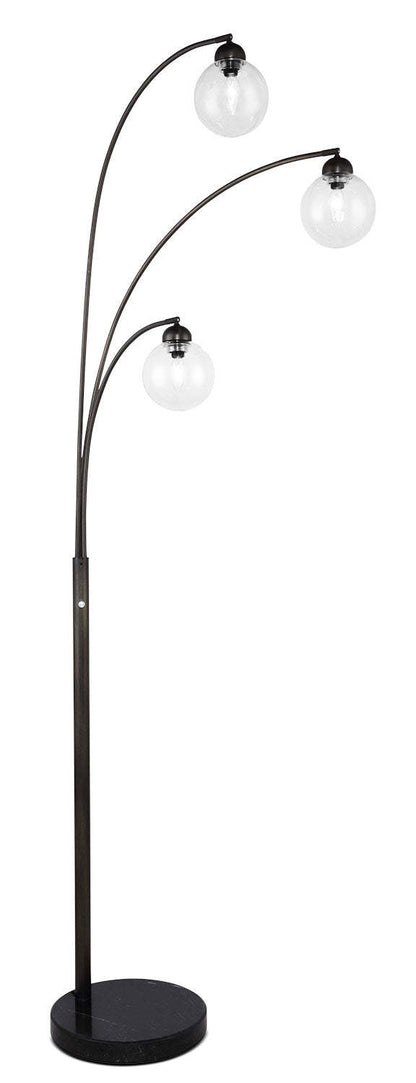82 Mid-Century Black with Marble Base and 3-Light Glass Shade Arc Lampadaire|Lampe à pied arquée milieu du 20e siècle de 82 po noire à 3 ampoules avec base en marbre et abat-jour en verre