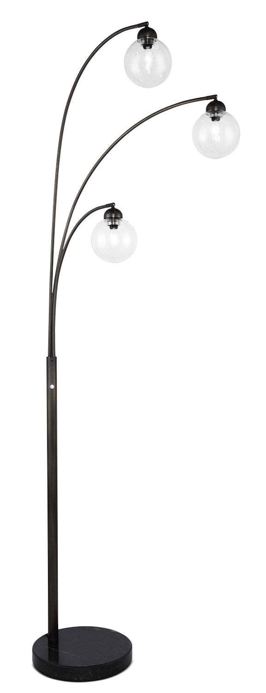 82 Mid-Century Black with Marble Base and 3-Light Glass Shade Arc Lampadaire|Lampe à pied arquée milieu du 20e siècle de 82 po noire à 3 ampoules avec base en marbre et abat-jour en verre