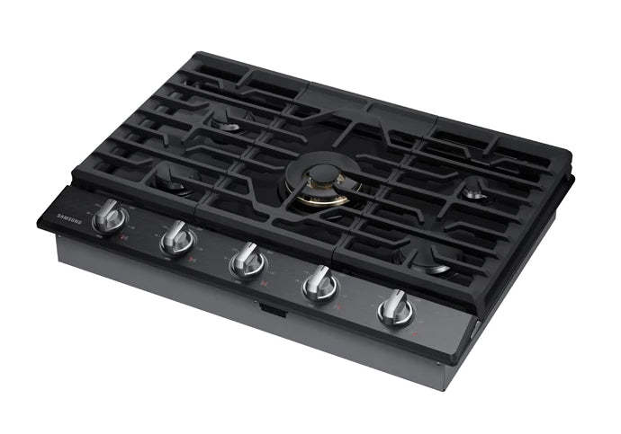 Surface de cuisson à gaz intelligente Samsung de 36 po à 5 brûleurs avec brûleur double puissant de 22K BTU + plaque de cuisson et grille à wok - Noir …