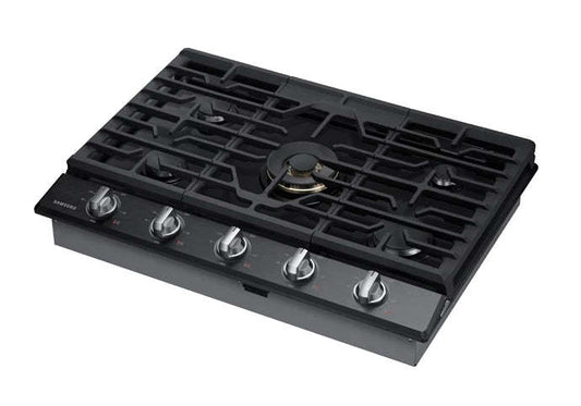 Surface de cuisson à gaz intelligente Samsung de 36 po à 5 brûleurs avec brûleur double puissant de 22K BTU + plaque de cuisson et grille à wok - Noir …