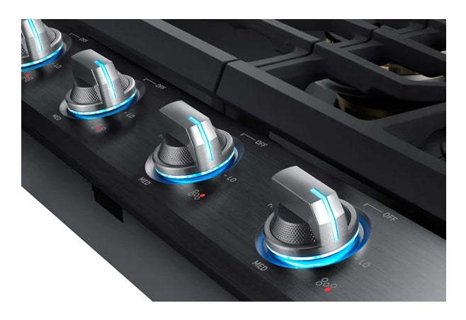 Surface de cuisson à gaz intelligente Samsung de 36 po à 5 brûleurs avec brûleur double puissant de 22K BTU + plaque de cuisson et grille à wok - Noir …