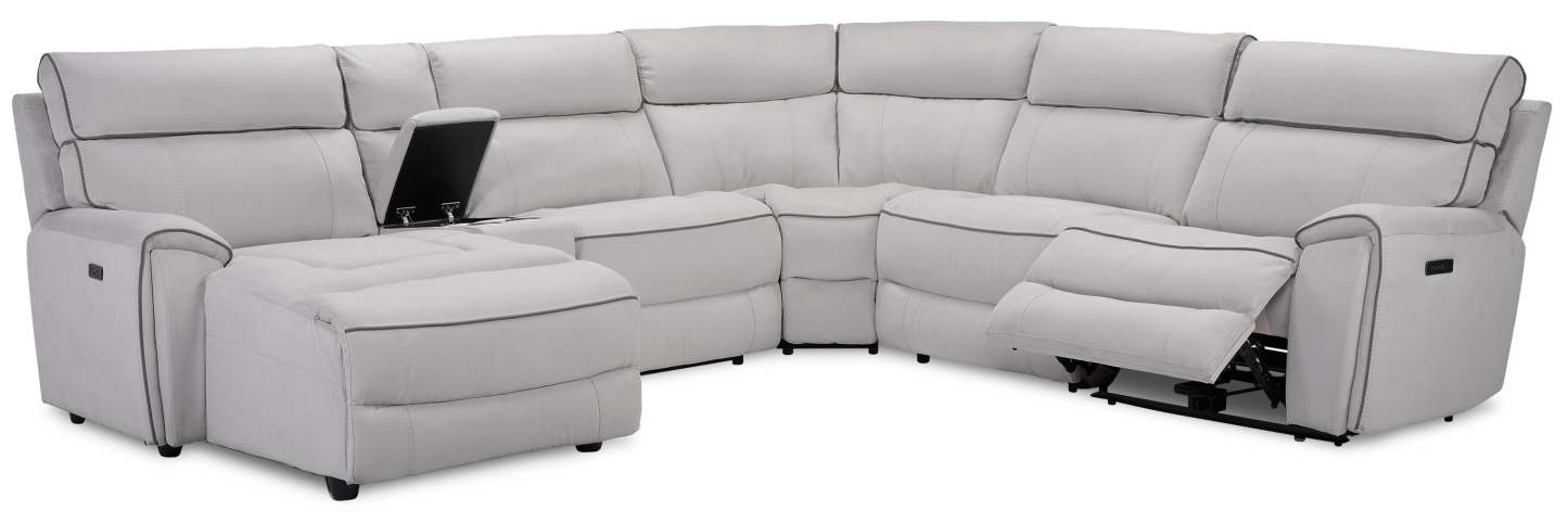 Cindy Crawford Home Newport 6-Piece Left-Facing Faux Suede Power Reclining Sectional with USB Port - Grey | Canapé sectionnel inclinable électrique à gauche Newport de Cindy Crawford Home 6 pièces en suédine avec port USB - gris