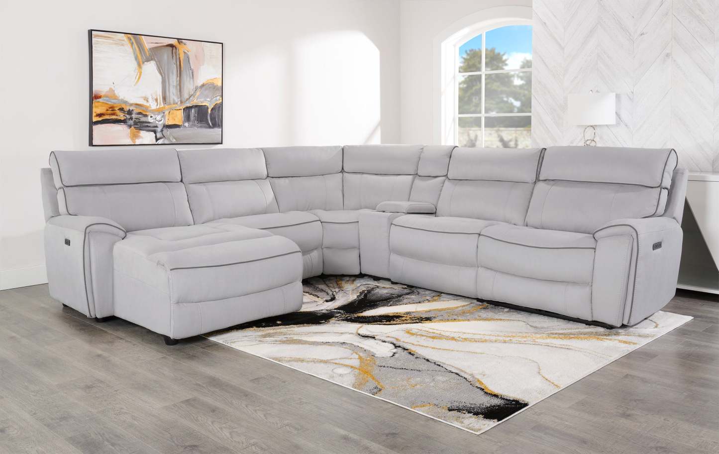 Cindy Crawford Home Newport 6-Piece Left-Facing Faux Suede Power Reclining Sectional with USB Port - Grey | Canapé sectionnel inclinable électrique à gauche Newport de Cindy Crawford Home 6 pièces en suédine avec port USB - gris