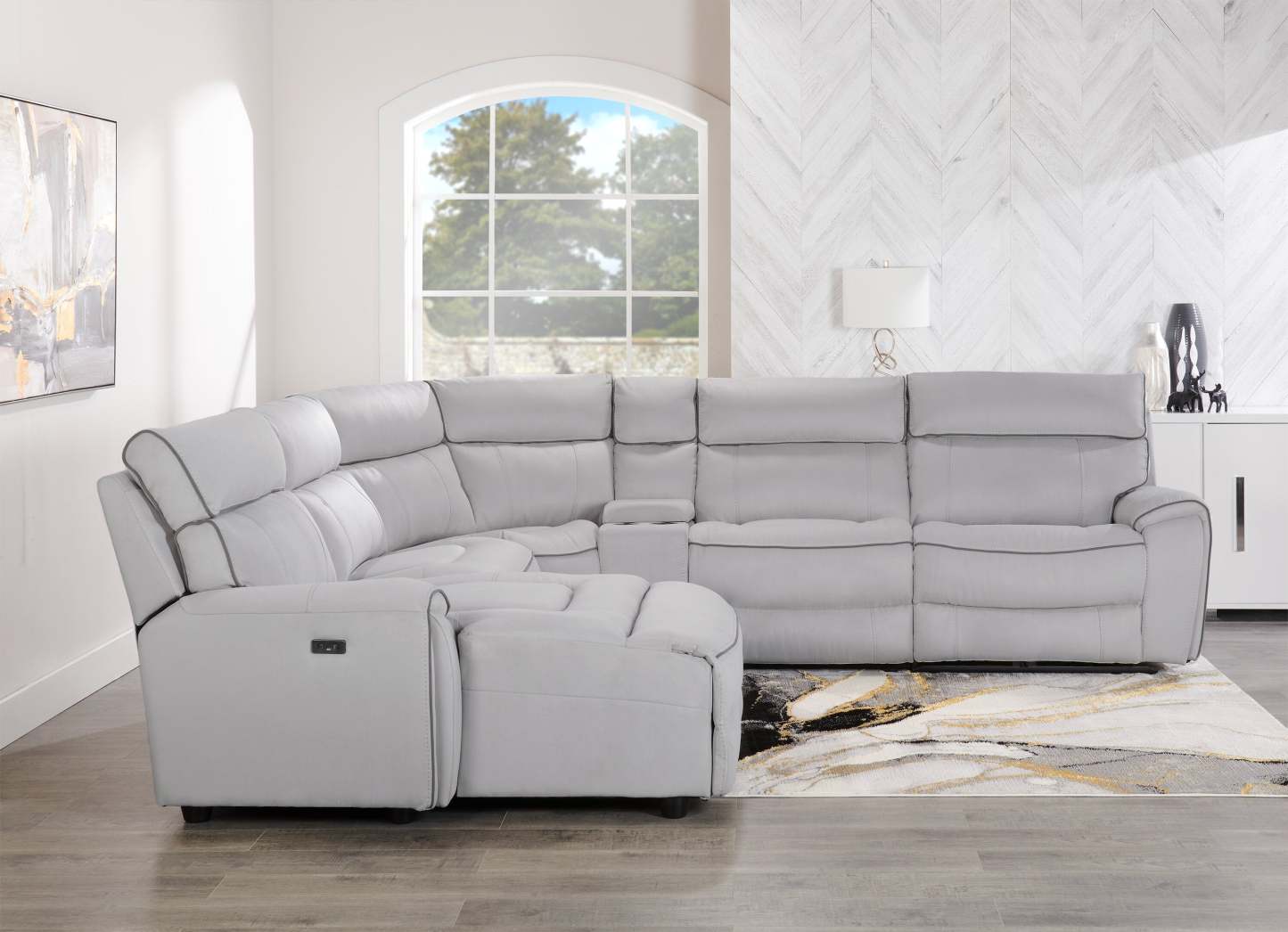 Cindy Crawford Home Newport 6-Piece Left-Facing Faux Suede Power Reclining Sectional with USB Port - Grey | Canapé sectionnel inclinable électrique à gauche Newport de Cindy Crawford Home 6 pièces en suédine avec port USB - gris