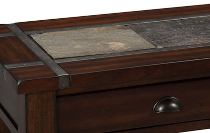 Roanoke 50 Rustic Sofa Table with Storage and Shelf - Dark Cherry Wood and Slate Inlay|Table de salon rustique Roanoke de 50 po avec rangement et tablette - bois cerisier foncé et incrustation d’ardoise