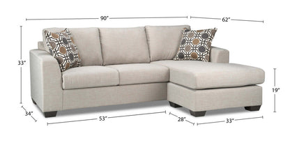Sofa sectionnel réversible Nina 2 pièces fabriqué au Canada en tissu d’apparence lin avec coussins décoratifs - taupe