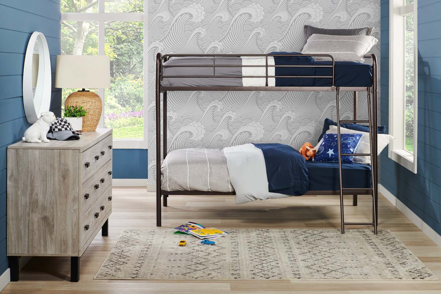 Lit superposé Noah avec échelle et barrière de sécurité pour enfants, métal, bronze foncé - Twin/Twin | Lits superposés Noah en métal pour enfants avec échelle et garde-corps, bronze foncé - simple et simple