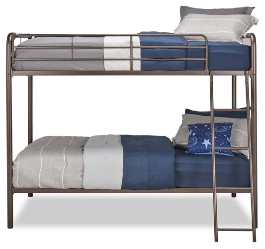 Lit superposé Noah avec échelle et barrière de sécurité pour enfants, métal, bronze foncé - Twin/Twin | Lits superposés Noah en métal pour enfants avec échelle et garde-corps, bronze foncé - simple et simple