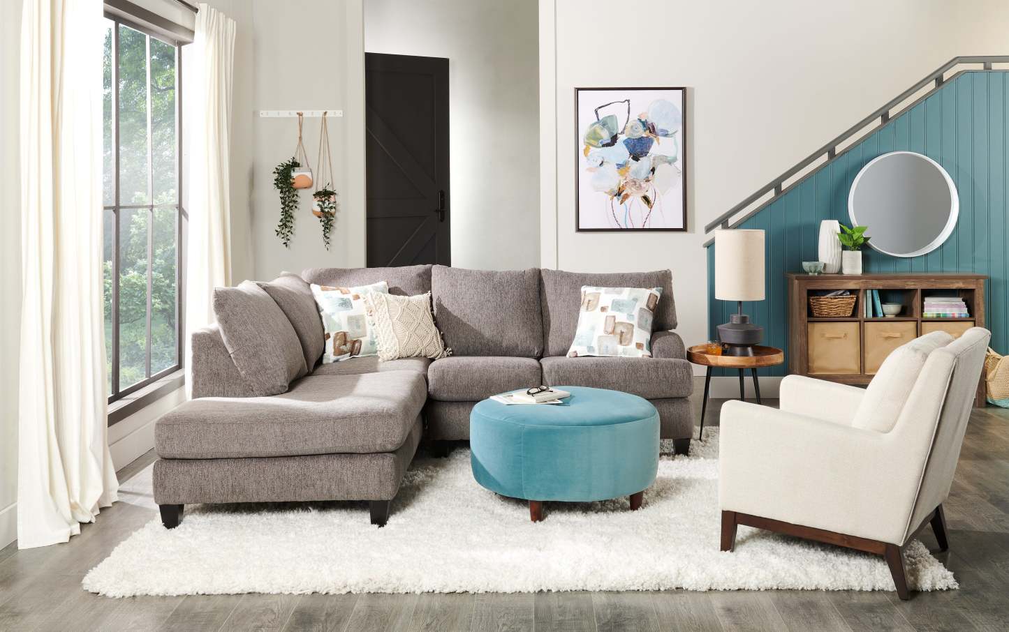 Fabriqué au Canada, canapé sectionnel Nofia 2 pièces à gauche en tissu chenille avec coussins décoratifs et pieds en bois - gris anthracite