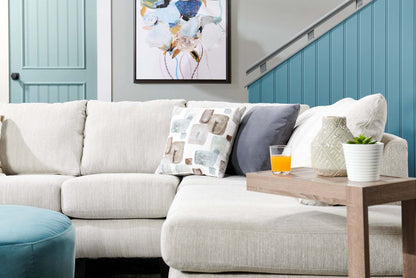 Fabriqué au Canada, canapé sectionnel Nofia 3 pièces à droite en tissu de chenille avec coussins décoratifs et pattes en bois - beige lin