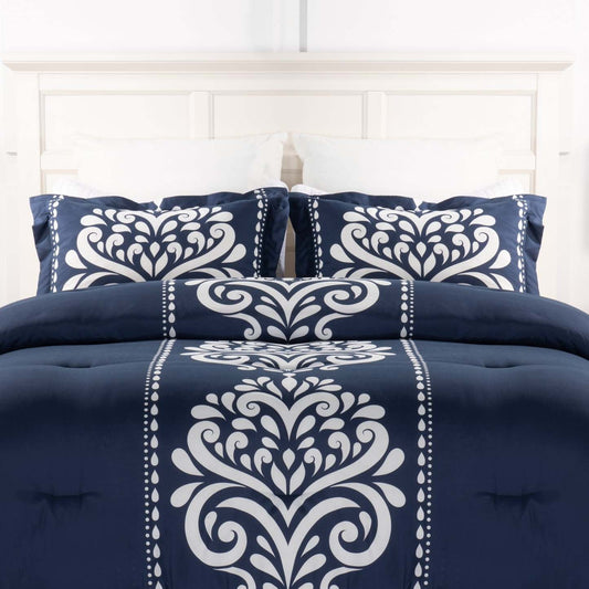 Navy Damask 3-Piece King Comforter Set|Ensemble d'édredon Navy Damask 3 pièces pour très grand lit|NVYDM3KG