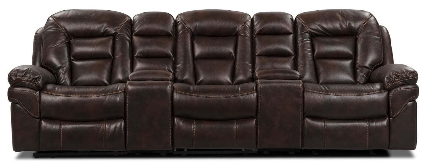 Sofa sectionnel inclinable Leo 5 pièces de style cinéma maison en similicuir avec consoles de rangement et porte-gobelets - brun noyer