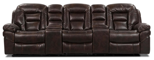 Sofa sectionnel inclinable Leo 5 pièces de style cinéma maison en similicuir avec consoles de rangement et porte-gobelets - brun noyer