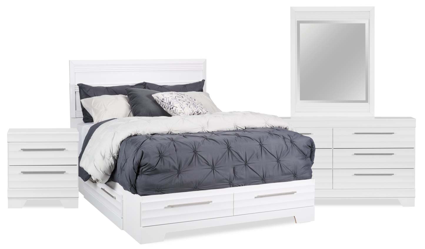 Olivia 6pc Bedroom Set with Storage Bed, Dresser, Mirror & Nightstand, Made in Canada, White - Full Size | Ensemble de chambre à coucher Olivia 6 pièces avec lit de rangement, commode, miroir et table de nuit, fabriqué au Canada, blanc - taille complète