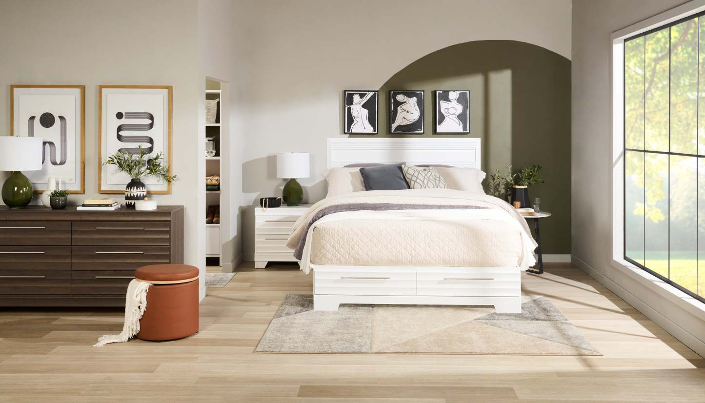 Lit plateforme de rangement Olivia fabriqué au Canada avec tête de lit et cadre de lit, blanc - format grand lit | Lit rangement plateforme Olivia avec tête de lit et cadre, fabriqué au Canada, blanc - Queen Size