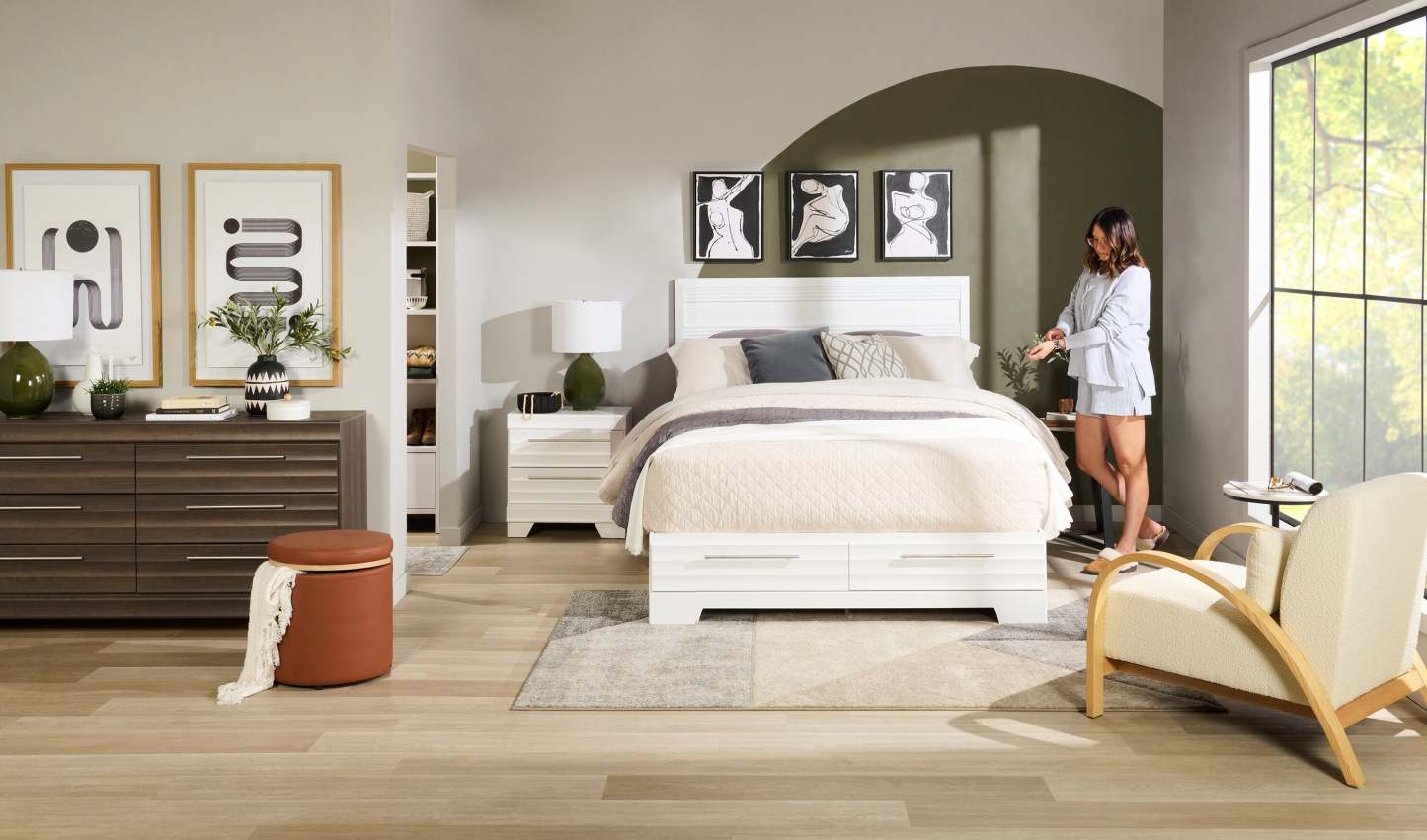 Lit plateforme de rangement Olivia fabriqué au Canada avec tête de lit et cadre de lit, blanc - format grand lit | Lit rangement plateforme Olivia avec tête de lit et cadre, fabriqué au Canada, blanc - Queen Size