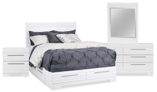Olivia 6pc Bedroom Set with Storage Bed, Dresser, Mirror & Nightstand, Made in Canada, White - Queen Size | Ensemble de chambre à coucher Olivia 6 pièces avec lit de rangement, commode, miroir et table de nuit, fabriqué au Canada, blanc - taille queen
