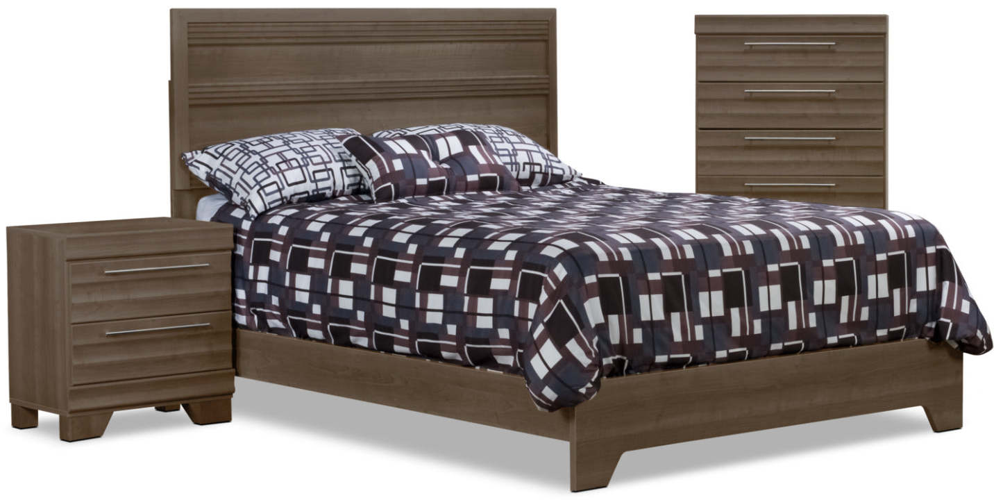 Ensemble de chambre à coucher Olivia 5 pièces Queen avec commode et table de nuit – Gris|Ensemble de chambre à coucher Olivia 5 pièces avec lit queen, commode et table de nuit - gris