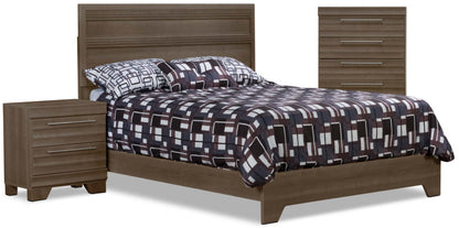 Ensemble de chambre à coucher Olivia 5 pièces Queen avec commode et table de nuit – Gris|Ensemble de chambre à coucher Olivia 5 pièces avec lit queen, commode et table de nuit - gris