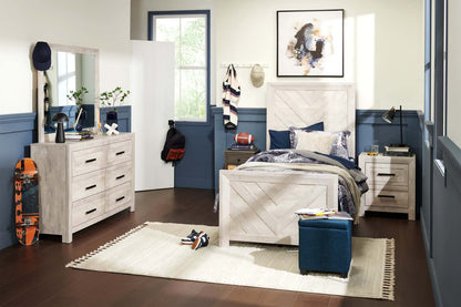 Lit à panneaux Lark avec tête de lit et cadre pour enfants, motif chevron, blanc rustique – Taille double | Lit à panneaux Lark blanc rustique pour enfants avec tête de lit, cadre et motif de chevrons - format lit simple