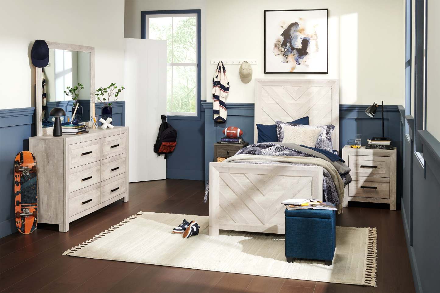 Miroir de commode de chambre à coucher Lark - blanc rustique | Lark Bedroom Dresser Mirror - Rustic White