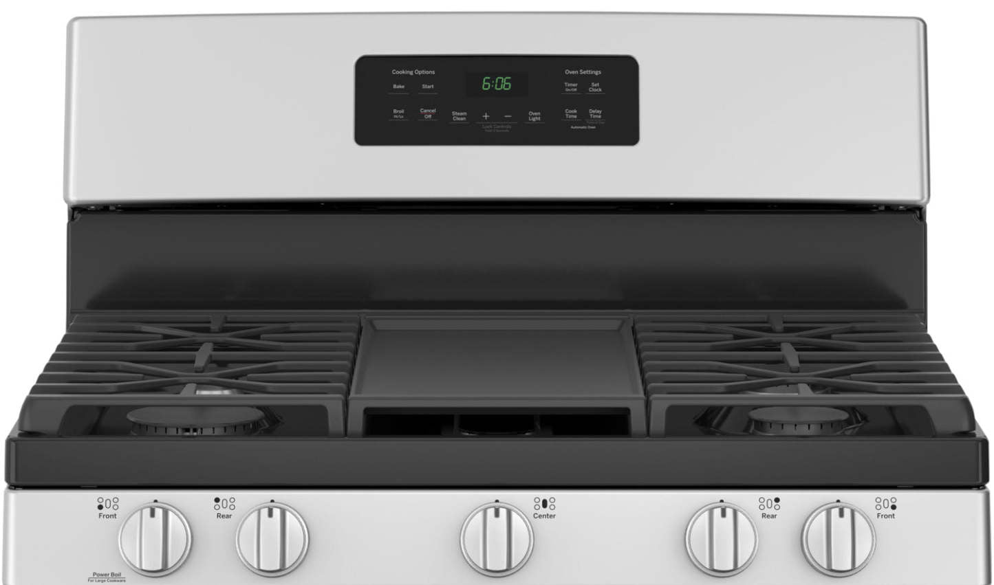 Cuisinière à gaz GE de 5 pi³ avec nettoyage à la vapeur et 5 brûleurs - acier inoxydable - JCGBS66SEKSS | GE 5 Cu. Ft. Gas Range with Steam Clean and 5 Burners - Stainless Steel - JCGBS66SE…