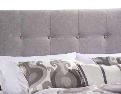 Page Lit rembourré en tissu d'apparence lin gris, capitonné avec boutons - Pleine grandeur | Lit rembourré Page en tissu d'apparence lin gris avec capitonnage à boutons - format lit double