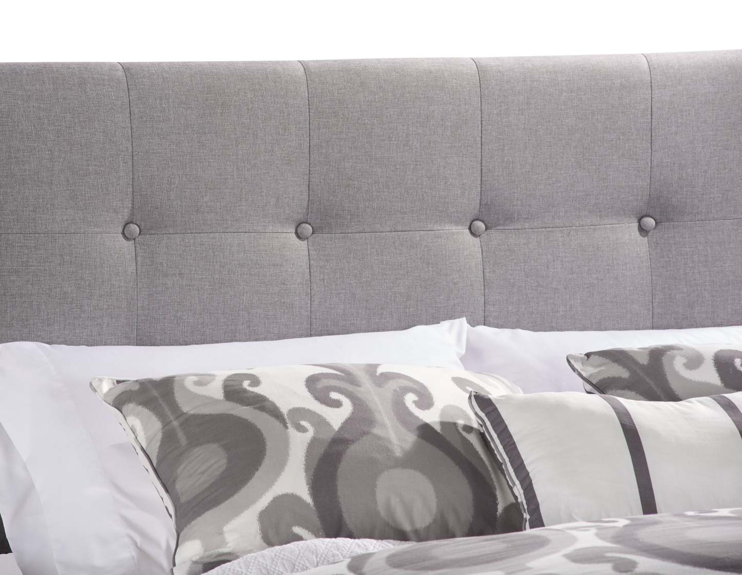 Page Lit rembourré en tissu d'apparence lin gris, capitonné avec boutons - King Size | Lit rembourré Page en tissu d'apparence lin gris avec capitonnage à boutons - format très grand lit