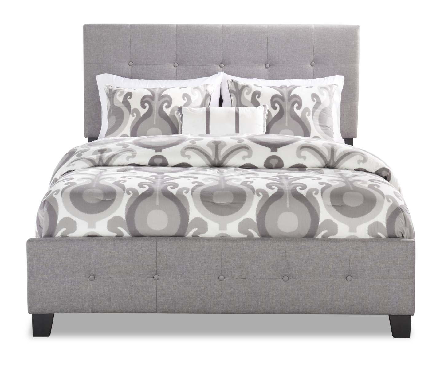 Page Lit rembourré en tissu d'apparence lin gris, capitonné avec boutons - Queen Size | Lit rembourré Page en tissu d'apparence lin gris avec capitonnage à boutons - format grand lit