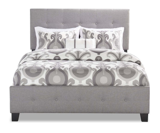 Page Lit rembourré en tissu d'apparence lin gris, capitonné avec boutons - King Size | Lit rembourré Page en tissu d'apparence lin gris avec capitonnage à boutons - format très grand lit