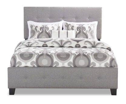 Page Lit rembourré en tissu d'apparence lin gris, capitonné avec boutons - Pleine grandeur | Lit rembourré Page en tissu d'apparence lin gris avec capitonnage à boutons - format lit double