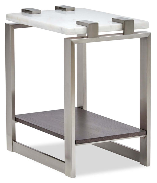 Paradox 16 Table de Chevet Moderne avec Étagère - Plateau en Marbre Blanc avec Cadre en Platine Brossé