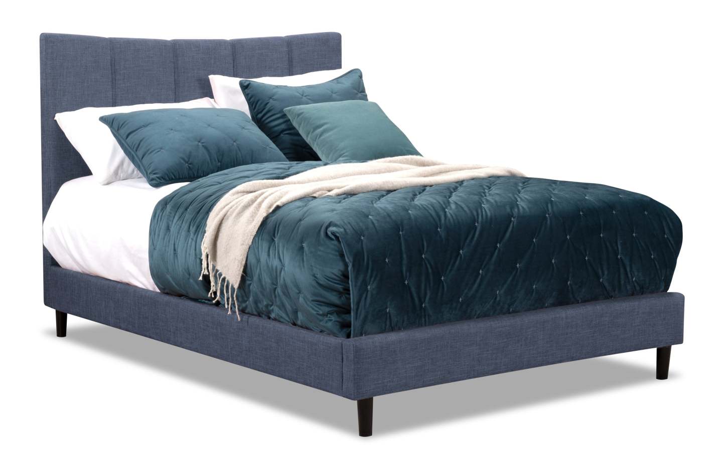 Paseo Upholstered Platform Bed in Navy Fabric - Full Size | Lit plateforme rembourré Paseo en tissu bleu marine - format lit double