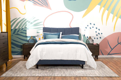 Paseo Upholstered Platform Bed in Navy Fabric - Full Size | Lit plateforme rembourré Paseo en tissu bleu marine - format lit double