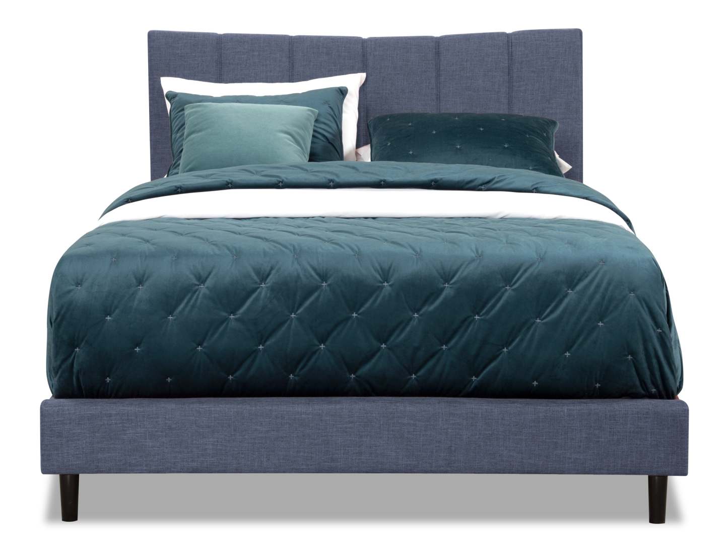 Paseo Upholstered Platform Bed in Navy Fabric - Queen Size | Lit plateforme rembourré Paseo en tissu bleu marine - format grand lit