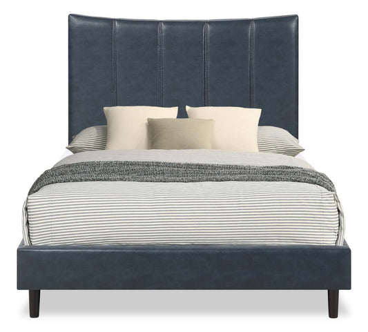 Lit plateforme Paseo en tissu de cuir végétalien bleu marine - Pleine grandeur | Lit plateforme rembourré Paseo en tissu de cuir végétalien bleu marine - format lit double