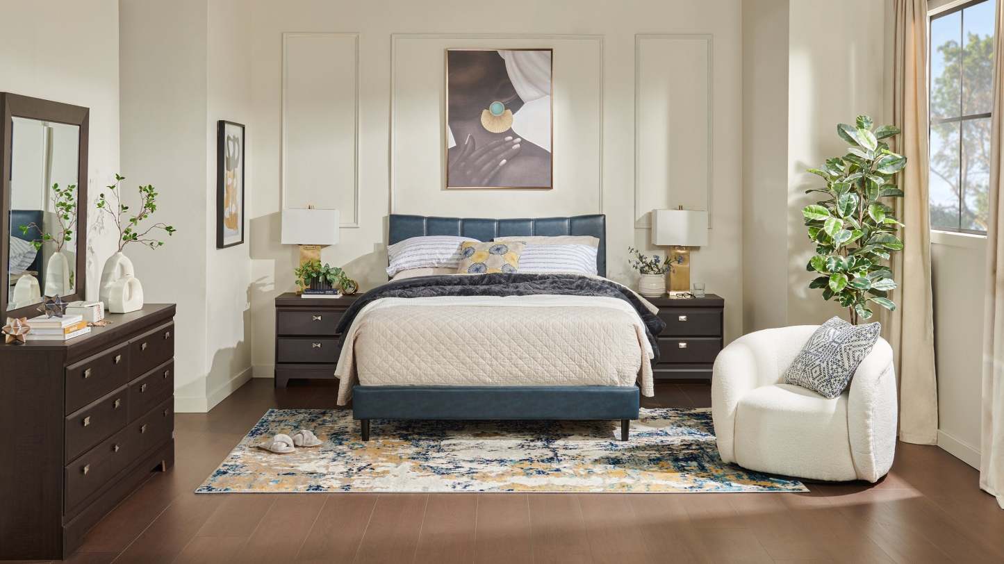 Lit plateforme Paseo en tissu de cuir végétalien bleu marine - Queen Size | Lit plateforme rembourré Paseo en tissu de cuir végétalien bleu marine - format grand lit