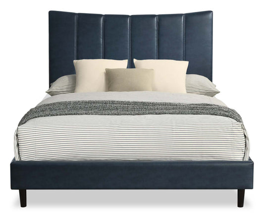 Lit plateforme Paseo en tissu de cuir végétalien bleu marine - Queen Size | Lit plateforme rembourré Paseo en tissu de cuir végétalien bleu marine - format grand lit