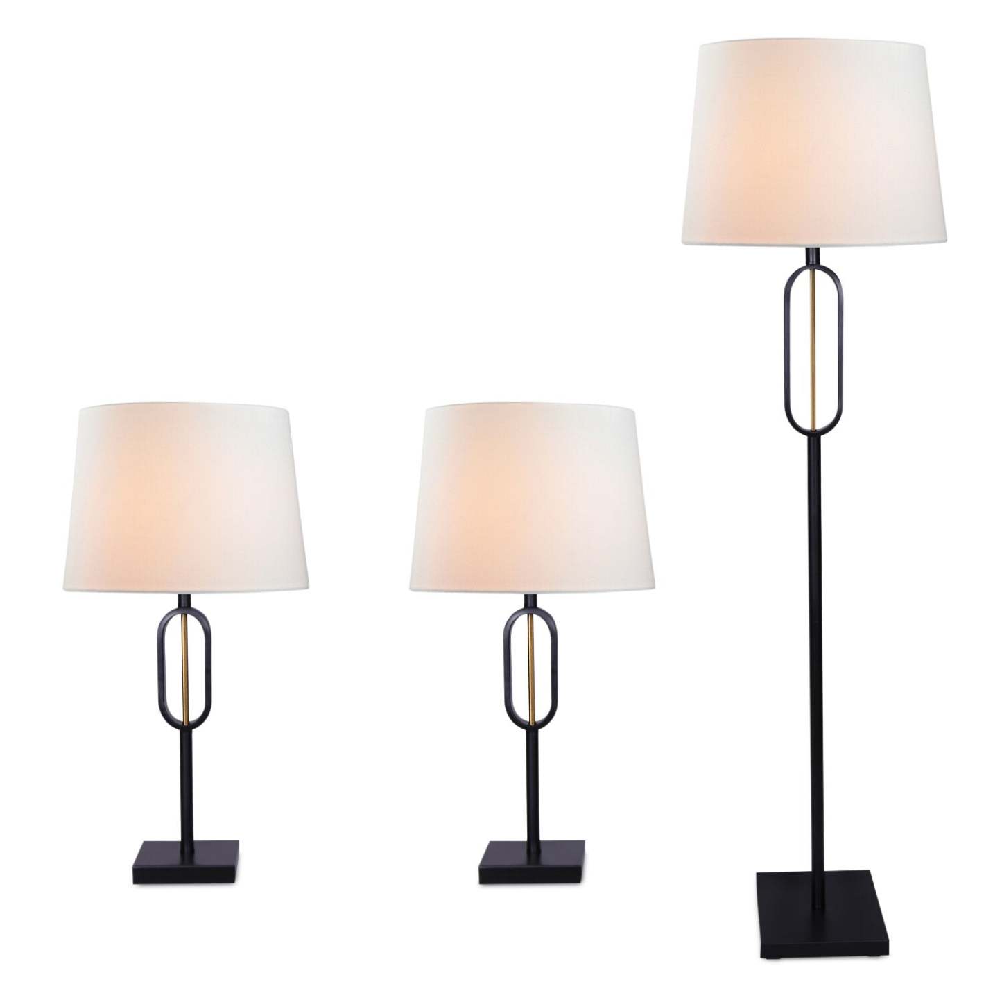 Ensemble 3 pièces Patsy Noir Mat avec Accents Or Brossé, Lampadaire et Deux Lampes de Table|Ensemble 3 lampes Patsy noir mat avec touches dorées brossées, 2 lampes de table et 1 lampe à pied